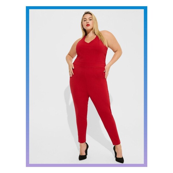 NWT Torrid 4X Jester Red Marilyn Monroe Tapered Halter Style Jumpsuit Size 26 - Picture 1 of 7